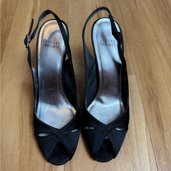 Stuart Weitzman Black Satin Peep Toe Slingback Heels - size 9 - Picture 1 of 7